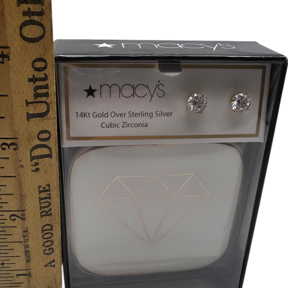 New Macy's 14 Kt Gold Over Sterling Silver Earrings C.Z. Studs w/ Trinket Dish